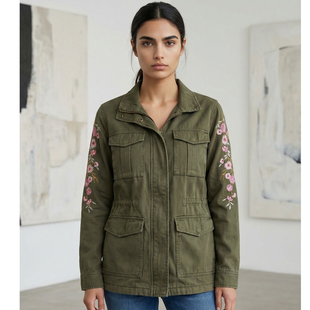 Cali 1850 Army‎ Style Jacket Embroidered Floral Sleeves Olive Green Utility RARE